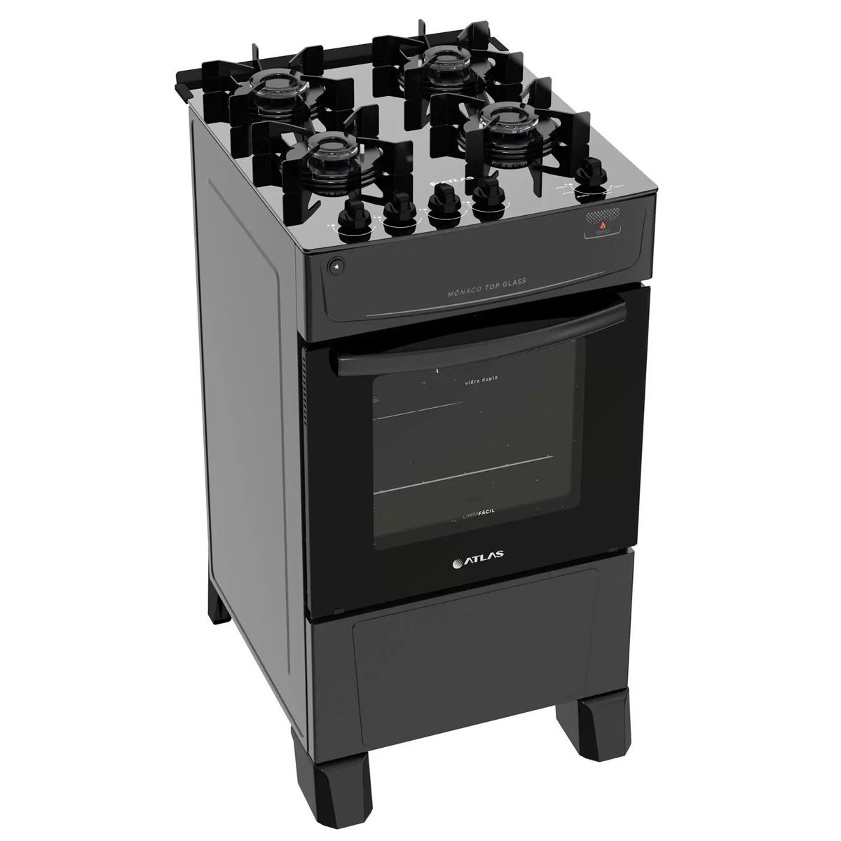Fogão Atlas 4 Bocas preto Mônaco Top Glass com Acendimento automático