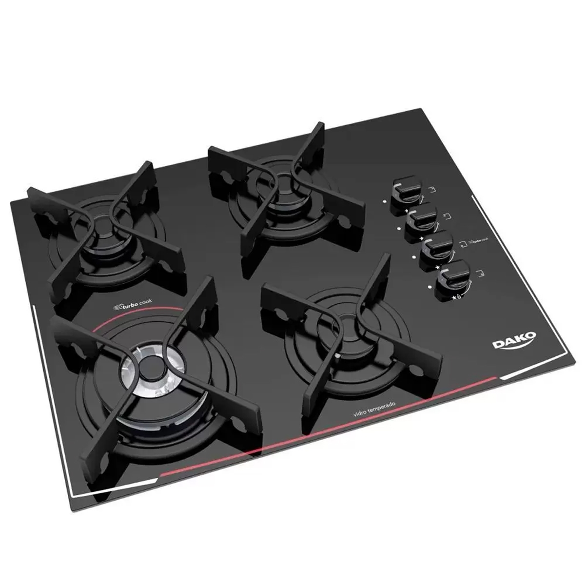 Cooktop 4 bocas Dako Turbo Glass com Mesa de Vidro e Tripla Chama Dako