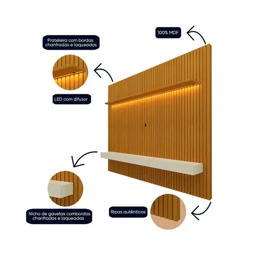 Painel para TV até 85 Polegadas Ripado com LED Nobre 230cm