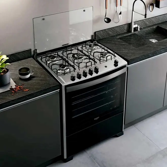 Fogão 5 Bocas Preto com Mesa de Inox Dako Magister Bivolt