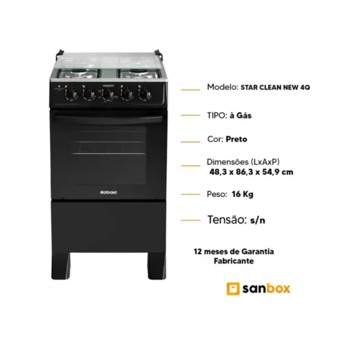 Fogão Itatiaia Star Clean New 4 Bocas Mesa Inox- Preto