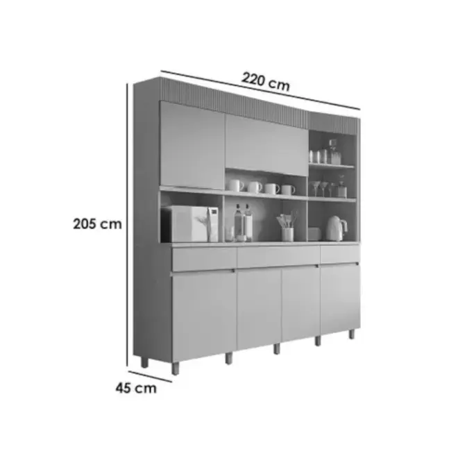 Cozinha Compacta Realeza c/ 6 Portas e 3 Gavetas 220cm Carvalho/Cinza - Nesher