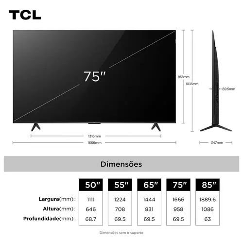Smart TV TCL 75 Polegadas QLED 4K Google TV 75P7K Dolby Vision