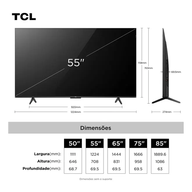 Smart TV TCL 55 Polegadas QLED 4K Google TV 55P7K Dolby Vision