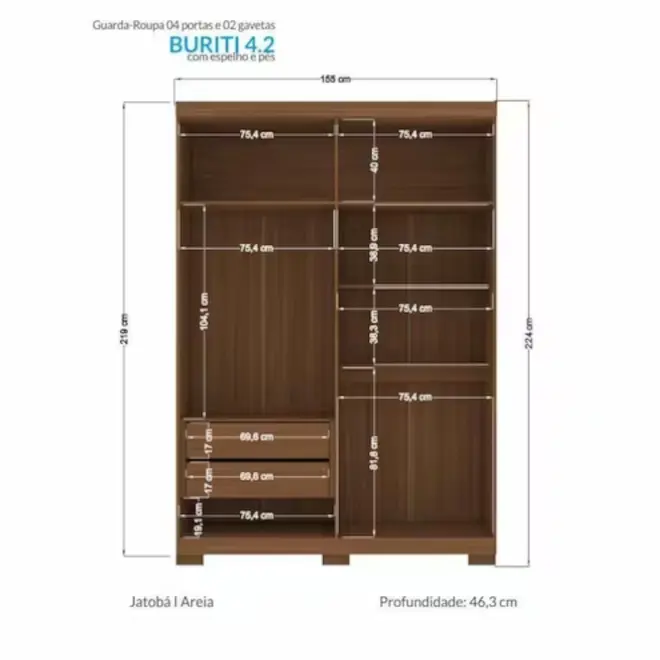 Guarda Roupa Santos Andirá Buriti Com Pés e Espelho 4 Portas