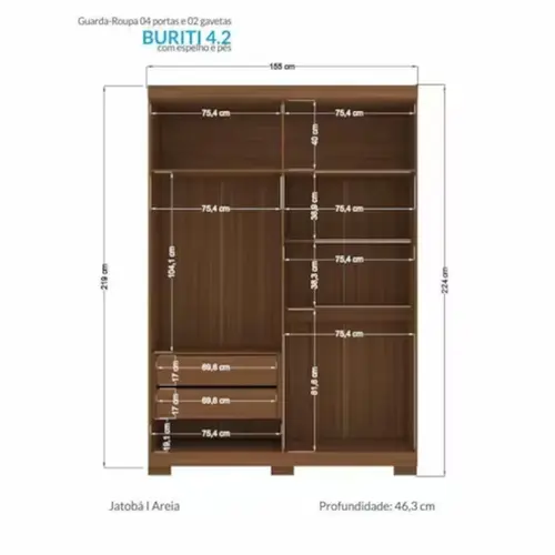 Guarda Roupa Santos Andirá Buriti Com Pés e Espelho 4 Portas