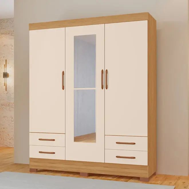 Guarda Roupa Tuboarte Belarius 3 Portas 4 Gavetas com Pés + Espelho