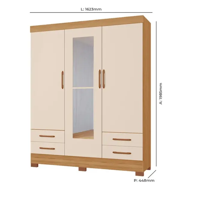 Guarda Roupa Tuboarte Belarius 3 Portas 4 Gavetas com Pés + Espelho