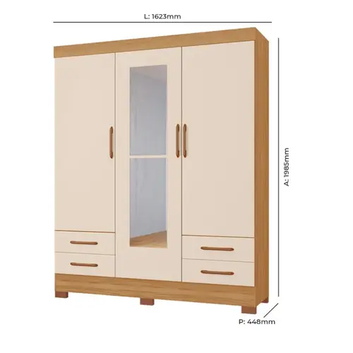 Guarda Roupa Tuboarte Belarius 3 Portas 4 Gavetas com Pés + Espelho
