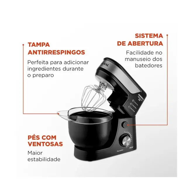 Batedeira Planetária Mondial Preta Inox BP-03-B 12 Vel