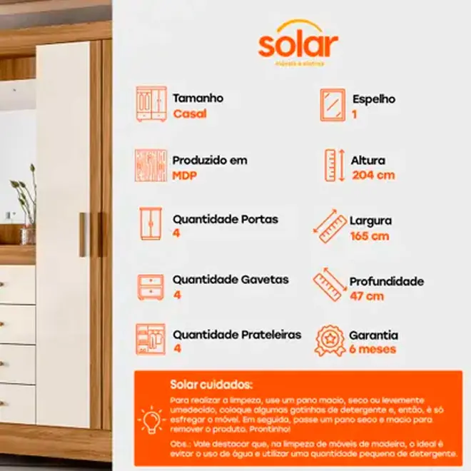 Guarda-Roupa Moval Antenas 4 Portas 4 Gavetas com Espelho
