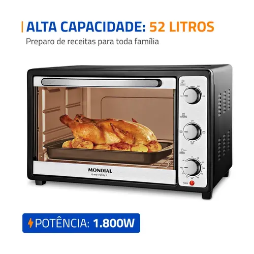 Forno Elétrico Mondial 52L Family Preto/Inox,1800W