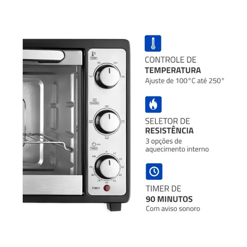 Forno Elétrico Mondial 52L Family Preto/Inox,1800W