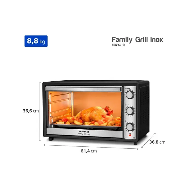 Forno Elétrico Mondial 60L Family Grill Inox Preto/Inox