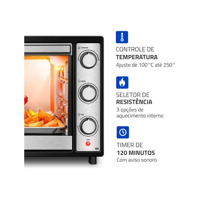 Forno Elétrico Mondial 60L Family Grill Inox Preto/Inox