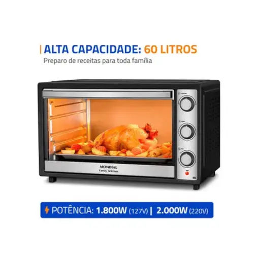 Forno Elétrico Mondial 60L Family Grill Inox Preto/Inox