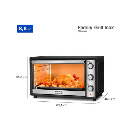 Forno Elétrico Mondial 60L Family Grill Inox Preto/Inox
