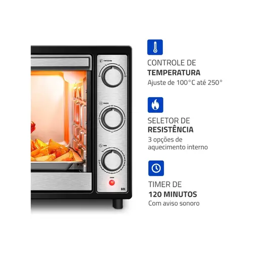 Forno Elétrico Mondial 60L Family Grill Inox Preto/Inox