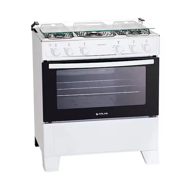 Fogão Atlas 5 Bocas Branco com Mesa Inox Mônaco Plus Bivolt