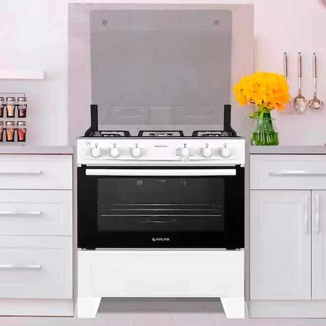 Fogão Atlas 5 Bocas Branco com Mesa Inox Mônaco Plus Bivolt