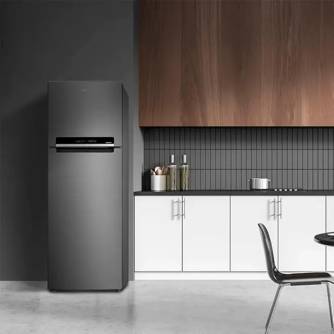 Geladeira Midea Frost Free Duplex 394L Inverter Cor Inox