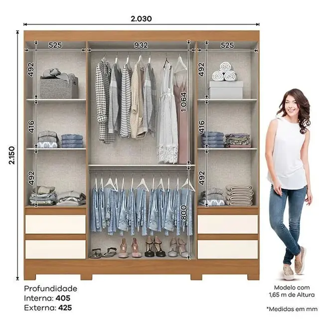 Guarda-Roupa Briz com Espelho BE428 Cinamomo/Off