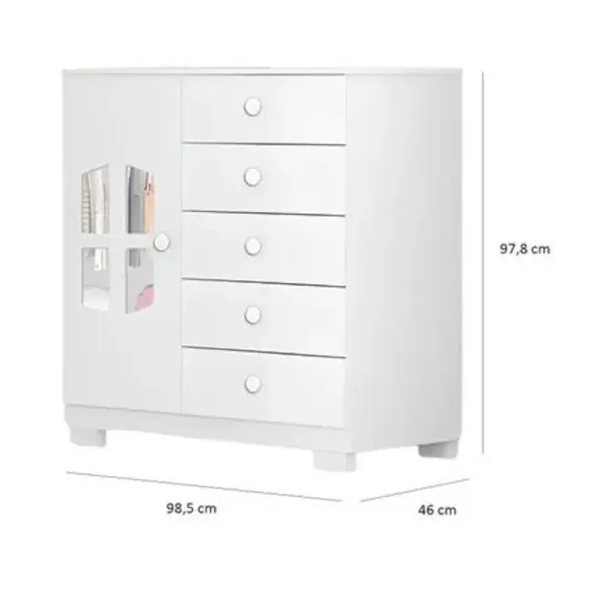 Cômoda Infantil Cristal 1 Porta 5 Gavetas Tuboarte - Branco