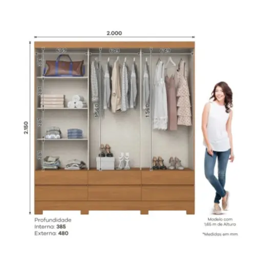 Guarda-Roupa  3 Portas Deslizantes 6 Gavetas C/Espelho - Henn