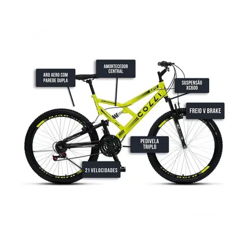 Bicicleta Colli GPS Dupla Suspensão Aro 26 Amarelo/Neon.